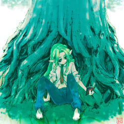 Rule 34 | against tree, androgynous, barefoot, black eyes, blouse, book, denim, elf, gender request, grass, green hair, jeans, long hair, lowres, midriff, navel, necktie, open clothes, open shirt, original, pants, pointy ears, satoyasu, shirt, sitting, solo, tree