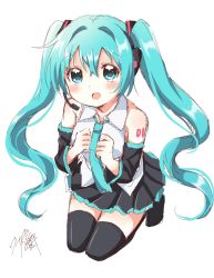 Rule 34 | 1girl, aqua eyes, aqua hair, bare shoulders, black thighhighs, blush, boots, commentary request, detached sleeves, hands up, hatsune miku, headphones, headset, highres, kneeling, long hair, looking at viewer, necktie, open mouth, pleated skirt, signature, simple background, skirt, sleeveless, smile, solo, thigh boots, thighhighs, twintails, usagi koushaku, very long hair, vocaloid, white background