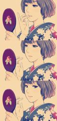Rule 34 | 1girl, applying makeup, black eyes, blue kimono, bob cut, brown hair, closed mouth, commentary request, floral print, japanese clothes, kimono, lipstick, looking at viewer, makeup, mirror, multiple views, munakata (hisahige), original, pink lips, sequential, simple background, smile, yellow background
