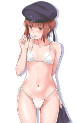 Rule 34 | 10s, 1girl, beret, bikini, blush, breasts, brown eyes, brown hair, character name, cleavage, clothes writing, collarbone, commentary, covered erect nipples, cowboy shot, embarrassed, flying sweatdrops, twirling hair, hat, kantai collection, looking away, navel, nervous, open mouth, sailor hat, unworn shirt, short hair, side-tie bikini bottom, silhouette, small breasts, solo, string bikini, swimsuit, white background, white bikini, youkan, z3 max schultz (kancolle)