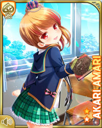 Rule 34 | 1girl, :d, amari akari, blazer, book, card (medium), classroom, collared shirt, crown, day, girlfriend (kari), holding, holding book, indoors, jacket, long sleeves, mini crown, multicolored hair, nail polish, official art, open mouth, patterned legwear, plaid, plaid skirt, qp:flapper, red eyes, red footwear, school, school uniform, shirt, shoes, side ponytail, skirt, smile, solo, standing, streaked hair, striped clothes, striped thighhighs, thighhighs, white shirt, zettai ryouiki