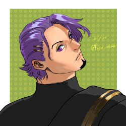 Rule 34 | 1boy, black shirt, duryodhana (fate), earrings, facial hair, fate/grand order, fate (series), fusso oekaki, goatee, goatee stubble, hair ornament, hairclip, highres, jewelry, looking at viewer, looking back, male focus, mature male, purple eyes, purple hair, sash, shirt, short hair, shoulder sash, signature, solo, stubble, upper body