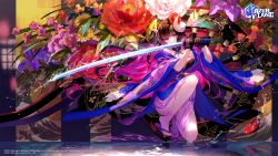 Rule 34 | 1girl, azur lane, bare legs, black gloves, black hair, breasts, colored inner hair, colorful, covering own mouth, curled horns, floating hair, flower, fuzichoco, gloves, hair flower, hair ornament, highres, holding, holding sword, holding weapon, horns, japanese clothes, katana, kimono, large breasts, long hair, long sleeves, looking at viewer, multicolored hair, off shoulder, official alternate costume, official art, on one knee, pink hair, platform footwear, purple eyes, purple kimono, red flower, sandals, solo, suruga (azur lane), suruga (hundred flower&#039;s auspice) (azur lane), sword, very long hair, water, weapon, white flower, wide sleeves, zouri