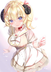 Rule 34 | 1girl, animal ears, apron, blonde hair, blush, bow, bowtie, breasts, brown dress, collarbone, commentary request, dress, hair between eyes, highres, hololive, horns, large breasts, looking at viewer, medium hair, purple eyes, sailor collar, sheep ears, sheep girl, sheep horns, short sleeves, side ponytail, smile, solo, tsunomaki watame, tsunomaki watame (street casual), virtual youtuber, waist apron, white apron, white bow, white bowtie, white sailor collar, wristband, yuano