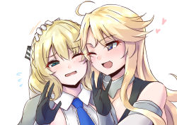 Rule 34 | 2girls, ahoge, black gloves, blonde hair, blue eyes, blue neckwear, blush, breasts, capelet, colorado (kancolle), flying sweatdrops, gloves, heart, iowa (kancolle), kantai collection, long hair, multiple girls, necktie, one eye closed, open mouth, short hair, simple background, star-shaped pupils, star (symbol), symbol-shaped pupils, takomeshi, upper body, white background, white gloves