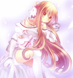 Rule 34 | 1girl, armor, asuna (stacia), blush, breastplate, brown hair, closed mouth, detached sleeves, dress, floating hair, gloves, hair between eyes, hanahubuki1991, hand in own hair, highres, leaning forward, long hair, long sleeves, orange eyes, short dress, sitting, sleeveless, sleeveless dress, smile, solo, sword art online, thighhighs, thighs, very long hair, white armor, white background, white dress, white gloves, white sleeves, white thighhighs
