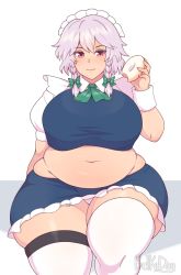 Rule 34 | 1girl, artist name, belka dog, belly, bow, braid, breasts, doughnut, feet out of frame, food, hair between eyes, holding, holding food, izayoi sakuya, large breasts, looking at viewer, maid headdress, midriff, navel, plump, red eyes, shadow, short sleeves, silver hair, sitting, smile, solo, straight-on, thick thighs, thighhighs, thighs, touhou, twin braids, white thighhighs, wide hips, wing collar, wrist cuffs, zettai ryouiki