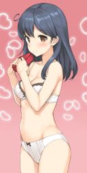 Rule 34 | 10s, 1girl, bare arms, bare shoulders, black hair, box, bra, breasts, brown eyes, cleavage, collarbone, cowboy shot, gift, gift box, heart, holding, holding gift, kantai collection, long hair, navel, panties, pink background, raised eyebrows, simple background, solo, standing, stomach, straight hair, takayaki, tareme, underwear, underwear only, ushio (kancolle), valentine, white bra, white panties