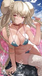 Rule 34 | 1girl, absurdres, arm support, azur lane, bare arms, bare shoulders, big hair, bikini, blue bikini, blue sky, braid, braided bun, breasts, choker, cleavage, closed mouth, cloud, cloudy sky, collarbone, day, double bun, fingernails, formidable (azur lane), formidable (the lady of the beach) (azur lane), hair bun, hair rings, halterneck, highres, large breasts, long braid, looking at viewer, navel, outdoors, platinum blonde hair, red eyes, shiny skin, side braids, single thighhigh, sitting, sky, solo, spaghetti strap, sparkle, stomach, swimsuit, thighhighs, twin braids, water, water drop, white thighhighs, yoshio (55level)