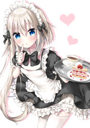 Rule 34 | 1girl, absurdres, alternate costume, apron, asymmetrical hair, black bow, black dress, blonde hair, blue eyes, blush, bow, breasts, collar, collarbone, commentary request, cup, detached collar, dress, drop shadow, enmaided, food, frilled apron, frilled dress, frills, fruit, garter straps, hair between eyes, heart, highres, holding, holding tray, leaning forward, looking at viewer, maid, maid apron, maid headdress, original, parted lips, plate, puffy short sleeves, puffy sleeves, saucer, short sleeves, small breasts, solo, strawberry, tea, teacup, thighhighs, tia-chan, tray, uchuuneko, white apron, white background, white collar, white thighhighs