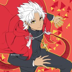 Rule 34 | 1boy, amakusa shirou (fate), black pants, brown eyes, cape, cross, cross necklace, dark skin, dark-skinned male, fate/apocrypha, fate/grand order, fate (series), hood, hooded cape, jewelry, looking at viewer, male focus, mepo (raven0), necklace, pants, priest, red cape, simple background, smile, solo, white hair, yellow eyes