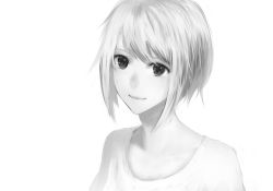 Rule 34 | 1girl, commentary, greyscale, light smile, looking at viewer, monochrome, original, portrait, sakimori (hououbds), short hair, simple background, solo, white background