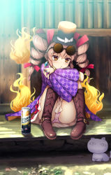 Rule 34 | 1girl, ass, aura, bangle, beer can, black hat, blush, boots, bow, bracelet, brown footwear, brown hair, can, cat, chima q, coat, commentary request, dress, drill hair, drink can, earrings, eyewear on head, fire, floral print, hair ribbon, hat, hat bow, highres, jewelry, knees up, long sleeves, mini hat, mini top hat, panties, pantyshot, pink panties, purple coat, red bow, red ribbon, ribbon, ring, shadow, short hair, sitting, solo, thighs, top hat, touhou, twin drills, twintails, underwear, unmoving pattern, white bow, white cat, white dress, wide sleeves, yellow eyes, yorigami jo&#039;on