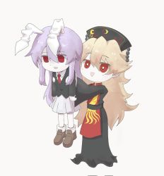 Rule 34 | 2girls, :d, animal ears, black dress, blonde hair, chinese clothes, dress, hand puppet, hat, highres, junko (touhou), long hair, long sleeves, multiple girls, necktie, open mouth, puppet, rabbit ears, red eyes, reisen udongein inaba, shirt, simple background, skirt, smile, tabard, touhou, very long hair, white background, whiten wolf, wide sleeves