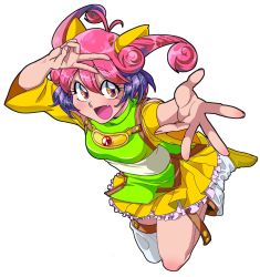 Rule 34 | 1girl, :d, animal ears, bad id, bad twitter id, boots, curly hair, dress, full body, green shirt, highres, ichi orgin, looking at viewer, multicolored eyes, multicolored hair, open mouth, original, outstretched hand, pink hair, pleated skirt, purple hair, shirt, short hair, simple background, single bare leg, single thighhigh, skirt, smile, solo, thighhighs, v, white background, white footwear, white thighhighs, yellow dress