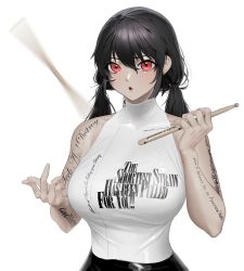 Rule 34 | 1girl, absurdres, arm tattoo, black hair, breasts, drumsticks, english text, hair between eyes, highres, holding, holding drumsticks, large breasts, norunollu, original, parted lips, print shirt, red eyes, shirt, simple background, sleeveless, sleeveless shirt, solo, tattoo, twintails, upper body, white background, white shirt