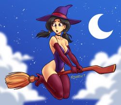 Rule 34 | 1girl, alternate costume, black hair, boots, breasts, broom, broom riding, brown footwear, brown gloves, choker, cleavage, cloud, crescent moon, dragon ball, elbow gloves, female focus, floating, full body, gloves, hat, high heel boots, high heels, highleg, highleg leotard, leotard, long hair, medium breasts, moon, night, night sky, nortuet, open mouth, outdoors, parted bangs, purple eyes, purple hat, purple leotard, revealing clothes, riding, simple background, sky, solo, star (sky), starry sky, strapless, strapless leotard, thigh boots, thighhighs, twintails, videl, wide hips, witch hat