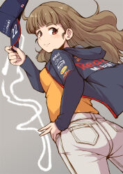 Rule 34 | 1girl, alternate hairstyle, ass, blue hat, blue hoodie, blunt bangs, blush, breasts, brown hair, closed mouth, commentary, from behind, grey background, hand on own hip, hand up, hat, highres, holding, holding clothes, holding hat, hood, hood down, hoodie, idolmaster, idolmaster cinderella girls, idolmaster cinderella girls starlight stage, kamiya nao, long hair, long sleeves, looking at viewer, looking back, medium breasts, open clothes, open hoodie, orange shirt, pants, red eyes, satomura kyou, shirt, smile, solo, suzuka circuit, thick eyebrows, v, white pants