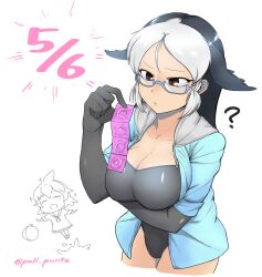Rule 34 | 2girls, ?, absurdres, arm under breasts, black gloves, black hair, black one-piece swimsuit, blue-framed eyewear, blue hoodie, breasts, california sea lion (kemono friends), chibi, chibi inset, cleavage, commentary request, common bottlenose dolphin (kemono friends), condom, condom packet strip, condom wrapper, cowboy shot, dated, elbow gloves, fins, glasses, gloves, head fins, highres, holding, holding condom, hood, hood down, hoodie, kemono friends, large breasts, long hair, multicolored hair, multiple girls, one-piece swimsuit, open clothes, open hoodie, open mouth, parupunte (nicoseiga51964270), rubber day, semi-rimless eyewear, simple background, solo focus, swept bangs, swimsuit, twitter username, under-rim eyewear, white background, white hair