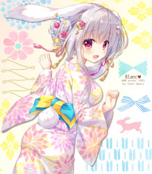 Rule 34 | 1girl, :d, ameto yuki, animal ears, artist name, blue bow, blush, bow, breasts, commentary request, crescent, crescent hair ornament, fingernails, floral print, flower, hair between eyes, hair bun, hair flower, hair ornament, hands up, japanese clothes, kimono, long hair, long sleeves, looking at viewer, looking back, medium breasts, open mouth, original, print kimono, rabbit ears, rabbit girl, rabbit tail, red eyes, red flower, side bun, silver hair, single hair bun, single side bun, smile, solo, tail, white kimono, wide sleeves, yukata