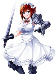 Rule 34 | 1girl, armor, asymmetrical clothes, blue eyes, breasts, brown hair, gloves, large breasts, looking at viewer, maid headdress, open mouth, original, short hair, skirt, sleeveless, smile, solo, sword, torigoe takumi, weapon