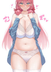 1girl akashi_(kancolle) blue_shirt blush bra breasts green_eyes huge_breasts kantai_collection kusano_(torisukerabasu) long_hair long_sleeves looking_at_viewer navel open_clothes open_shirt panties pink_hair shirt simple_background smile solo stomach thighhighs underwear white_background white_bra white_panties white_thighhighs