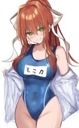 Rule 34 | 1girl, b4 (yonten), blouse, blue leotard, blue one-piece swimsuit, blush, breasts, brown hair, closed mouth, doki doki literature club, green eyes, hair between eyes, hair intakes, head tilt, highres, legs together, leotard, long hair, medium breasts, monika (doki doki literature club), one-piece swimsuit, open clothes, open shirt, ponytail, ribbon, school swimsuit, shirt, simple background, smile, solo, swimsuit, swimsuit under clothes, thighs, translated, undressing, white background, white ribbon, white shirt