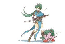 Rule 34 | 1girl, 1other, bad id, bad twitter id, black gloves, closed mouth, dress, fingerless gloves, fire emblem, fire emblem: the blazing blade, gloves, green hair, holding, holding sword, holding weapon, kirby, kirby (series), legs, long hair, lyn (fire emblem), murabito ba, nintendo, pelvic curtain, ponytail, short sleeves, side slit, simple background, standing, super smash bros., sword, weapon, white background