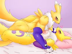 Rule 34 | 1boy, 1girl, animal ears, bandai namco, bed, black sclera, blonde hair, blue eyes, blush, body fur, breasts, bridal gauntlets, chest tuft, colored sclera, couple, cum, dgfox, digimon, digimon (creature), eye contact, foxmon (dgfox), from side, furry, furry female, furry male, furry with furry, green eyes, heart, hetero, holding hands, large breasts, looking at another, lying, markings, missionary, muscular, muscular male, nipples, on back, open mouth, orange fur, pillow, renamon, sex, simple background, smile, spread legs, sweat, yellow fur, yin yang