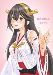 Rule 34 | 1girl, :d, absurdres, artist name, bare shoulders, black hair, blush, brown eyes, character name, dated, detached sleeves, from side, hair between eyes, hair ornament, hairclip, haruna (kancolle), headgear, highres, jewelry, kantai collection, long hair, looking at viewer, nontraditional miko, open mouth, pink background, ring, simple background, skypixter, smile, solo, upper body, wedding band