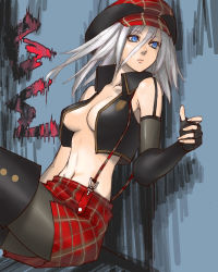 Rule 34 | 10s, 1girl, alisa ilinichina amiella, blue eyes, boots, breasts, cleavage, elbow gloves, fingerless gloves, gloves, god eater, god eater burst, good end, hat, midriff, navel, open clothes, open shirt, pantyhose, plaid, shirt, skirt, solo, suspender skirt, suspenders, tetsu (kimuchi), thigh boots, thighhighs, white hair