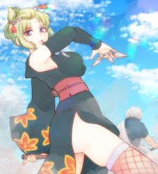 Rule 34 | 1boy, 1girl, absurdres, black kimono, black sleeves, blonde hair, blue sky, breasts, cloud, detached sleeves, facial scar, fishnet thighhighs, fishnets, from below, gintama, highres, japanese clothes, kimono, leaf print, long sleeves, looking at viewer, medium breasts, mouth hold, paleatus, print kimono, purple eyes, scar, scar on cheek, scar on face, short hair, side slit, sideboob, sky, sleeveless, sleeveless kimono, thighhighs, tsukuyo (gintama)