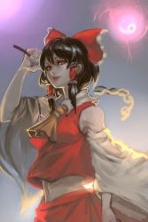 Rule 34 | 1girl, ascot, bow, brown hair, detached sleeves, gohei, hair bow, hair tubes, hakurei reimu, holding, inishie kumo, japanese clothes, long sleeves, looking at viewer, midriff, miko, navel, parted lips, red bow, red eyes, red skirt, red vest, short hair, skirt, smile, solo, touhou, vest, wide sleeves, yellow ascot