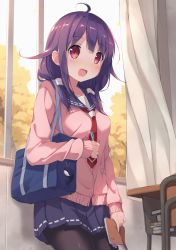 Rule 34 | 10s, 1girl, :d, ahoge, arm at side, autumn, bag, bag charm, black pantyhose, blue skirt, blush, book, book stack, bookmark, breasts, cardigan, chain, charm (object), cowboy shot, curtains, desk, eyebrows, ezoshika gg, hair flaps, hair ornament, hair over shoulder, highres, holding, holding book, holding pen, indoors, kantai collection, leaning back, long hair, long sleeves, looking at viewer, low twintails, mechanical pencil, medium breasts, miniskirt, necktie, notebook, open mouth, pantyhose, pen, pencil, pleated skirt, purple hair, red eyes, red necktie, ribbon, ribbon-trimmed collar, ribbon-trimmed skirt, ribbon trim, school bag, school desk, school uniform, serafuku, shadow, shoulder bag, skirt, sky, smile, solo, stuffed whale, taigei (kancolle), tree, twintails, white ribbon, window