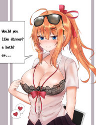 Rule 34 | 1girl, ahoge, areola slip, arm behind back, black bra, black shirt, black skirt, blue eyes, blush, bra, bra tug, breasts, buttons, cla (finesoda), cleavage, collarbone, english text, girls&#039; frontline, grey background, hair between eyes, hair ornament, hair ribbon, hand up, heart, heavy breathing, highres, holding, holding tablet pc, kalina (girls&#039; frontline), large breasts, long hair, looking at viewer, naughty face, open clothes, open shirt, orange hair, partially unbuttoned, pleated skirt, ponytail, raised eyebrows, red ribbon, ribbon, shirt, short sleeves, sidelocks, skirt, solo, spoken heart, tablet pc, two-tone background, underwear, upper body, white background, white shirt, x hair ornament