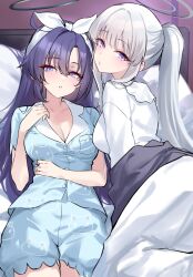 2girls absurdres bed_sheet black_hair black_halo blue_archive blue_eyes blue_pajamas breasts cleavage grey_halo hair_between_eyes halo hand_up high_ponytail highres large_breasts light_blush long_hair looking_at_viewer multiple_girls noa_(blue_archive) noa_(pajamas)_(blue_archive) official_alternate_costume pajamas purple_eyes shigure_s very_long_hair white_hair white_pajamas yuuka_(blue_archive) yuuka_(pajamas)_(blue_archive)