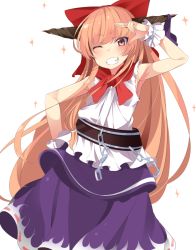 Rule 34 | 1girl, arm behind back, belt, black belt, blush, bow, breasts, buta (uhoiiotoko), chain, commentary request, cowboy shot, grin, hair bow, highres, horn ornament, horn ribbon, horns, ibuki suika, long hair, looking at viewer, neckerchief, one eye closed, orange eyes, orange hair, purple ribbon, purple skirt, red bow, red neckerchief, ribbon, shiny skin, shirt, sideboob, sidelocks, simple background, skirt, sleeveless, sleeveless shirt, small breasts, smile, solo, sparkle, torn clothes, torn sleeves, touhou, very long hair, white background, white shirt, wrist cuffs