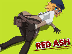 Rule 34 | 10s, 1girl, ass, blonde hair, blue eyes, breasts, butt crack, cabbie hat, call (red ash), gloves, hat, open mouth, red ash, solo, suspenders