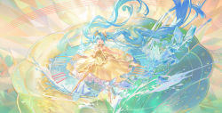 Rule 34 | 1girl, absurdly long hair, ahoge, atdan, bare arms, bare shoulders, blue eyes, blue hair, breasts, clock, detached collar, dress, flower, hair flower, hair ornament, hand on own chest, hatsune miku, high heels, highres, ice, layered dress, long hair, looking at viewer, medium breasts, petticoat, roman numeral, rose, shoes, solo, strapless, strapless dress, very long hair, vocaloid, water, wide shot, yellow dress, yellow flower, yellow footwear, yellow rose