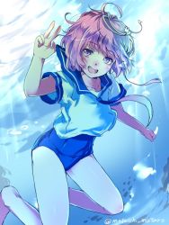 Rule 34 | 10s, 1girl, :d, blush, i-58 (kancolle), kantai collection, light rays, looking at viewer, mataichi mataro, open mouth, pink hair, purple eyes, school swimsuit, school uniform, serafuku, short sleeves, smile, swimming, swimsuit, swimsuit under clothes, teeth, twitter username, underwater, v