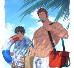 Rule 34 | 00047, 2boys, abs, alternate costume, bara, bare pectorals, beach, blue eyes, brown hair, bulge, carrying over shoulder, cross scar, day, facial hair, fate/grand order, fate (series), food, fujimaru ritsuka (male), fujimaru ritsuka (male) (tropical summer), goatee, highres, ice cream, innertube, male focus, male swimwear, mature male, mouth hold, multiple boys, muscular, muscular male, napoleon bonaparte (fate), navel, nipples, official alternate costume, outdoors, pectorals, popsicle, scar, scar on chest, shade, short hair, sideburns, stomach, sunglasses, sunlight, swim ring, swim trunks, tropical summer (fate), white male swimwear