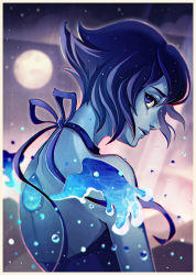 Rule 34 | 1girl, blue eyes, blue skin, blue theme, blurry, closed mouth, colored skin, depth of field, from side, halterneck, hydrokinesis, lapis lazuli (steven universe), liquid wings, looking at viewer, outdoors, portrait, profile, radittz, realistic, short hair, solo, steven universe, upper body, water, water drop