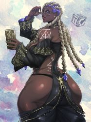 Rule 34 | 1girl, absurdres, ass, body markings, braid, breasts, cellphone, clothing cutout, cornrows, dark-skinned female, dark skin, dolores (kof), dreadlocks, earrings, glasses, gluteal fold, gold nails, green eyes, highres, hip vent, jewelry, lips, long hair, multicolored hair, multiple braids, necklace, phone, round eyewear, sekushi magik, smartphone, snk, solo, the king of fighters, the king of fighters xv, thighs, two-tone hair, wide hips