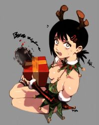 Rule 34 | 1girl, animal costume, antlers, bare shoulders, black hair, breasts, chainsaw, chainsaw man, choker, detached sleeves, dress, from above, gift, hair ornament, hairclip, higashiyama kobeni, highres, horns, looking up, medium breasts, mole, mole under eye, mole under mouth, multiple moles, nervous, open mouth, optionaltypo, reindeer antlers, reindeer costume, runny nose, short hair, short ponytail, sitting, snot, solo, sweat, yokozuwari