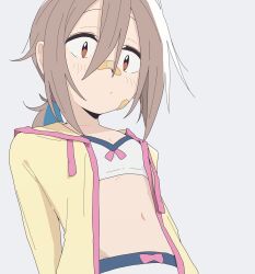 Rule 34 | 1girl, absurdres, arms behind back, bandaid, bandaid on cheek, bandaid on face, bandaid on nose, bikini, blue hair, blush, breasts, brown hair, closed mouth, do it yourself!!, grey background, hair between eyes, highres, jacket, looking at viewer, low ponytail, multicolored hair, open clothes, open jacket, ponytail, red eyes, ri 6n, simple background, small breasts, solo, swimsuit, upper body, white bikini, yellow jacket, yua serufu