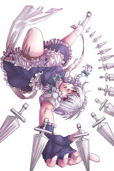 Rule 34 | 1girl, braid, female focus, full body, gloves, hairband, hiyohiyo (naga), holster, izayoi sakuya, knife, looking at viewer, maid, red eyes, ribbon, short hair, silver hair, solo, embodiment of scarlet devil, thigh holster, thigh strap, thighhighs, throwing knife, touhou, twin braids, weapon