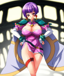 Rule 34 | 1990s (style), 1girl, angel links, belt, bob cut, breasts, cleavage, cleavage cutout, clothing cutout, dress, earrings, elbow gloves, fingerless gloves, gloves, hands on own hips, jewelry, large breasts, legs, li meifon, looking at viewer, naughty face, nekomamire, purple hair, red eyes, short hair, shoulder pads, side slit, smile, solo, thigh gap, thigh strap, thighs