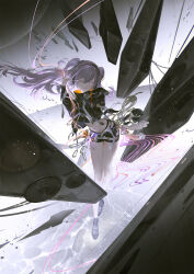 Rule 34 | 1girl, bent over, black footwear, black jacket, black shorts, character request, commentary, copyright request, cropped jacket, floating, floating object, full body, head tilt, headphones, highres, jacket, jewelry, long hair, midriff, navel, one eye closed, original, planet, purple eyes, purple hair, reoen, ring, shoes, shorts, smile, solo, stereo, twintails, v