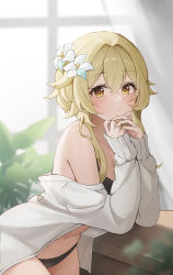 Rule 34 | 1girl, alternate costume, bare shoulders, bikini, black bikini, blonde hair, blurry, blurry background, blush, cowboy shot, crossed bangs, elbow rest, flower, from side, genshin impact, gya (144), hair flower, hair intakes, hair ornament, highres, lily (flower), looking at viewer, lumine (genshin impact), navel, off shoulder, open clothes, open shirt, parted lips, shirt, short hair with long locks, sidelocks, sleeves past wrists, solo, swimsuit, white flower, white shirt