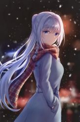 Rule 34 | 1girl, absurdres, akira mizuki (pixiv60158548), black bow, blue eyes, blurry, blurry background, bow, braid, closed mouth, coat, floating hair, from side, grey coat, hair between eyes, hair bow, hair intakes, hand in pocket, highres, long hair, long sleeves, looking at viewer, magia record: mahou shoujo madoka magica gaiden, mahou shoujo madoka magica, outdoors, plaid, plaid scarf, ponytail, red scarf, scarf, silver hair, single braid, smile, snowing, solo, standing, very long hair, winter, winter clothes, winter coat, yakumo mitama